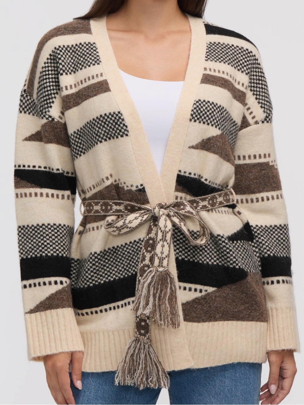 Stripe Tie Waist Jacquard Cardigan